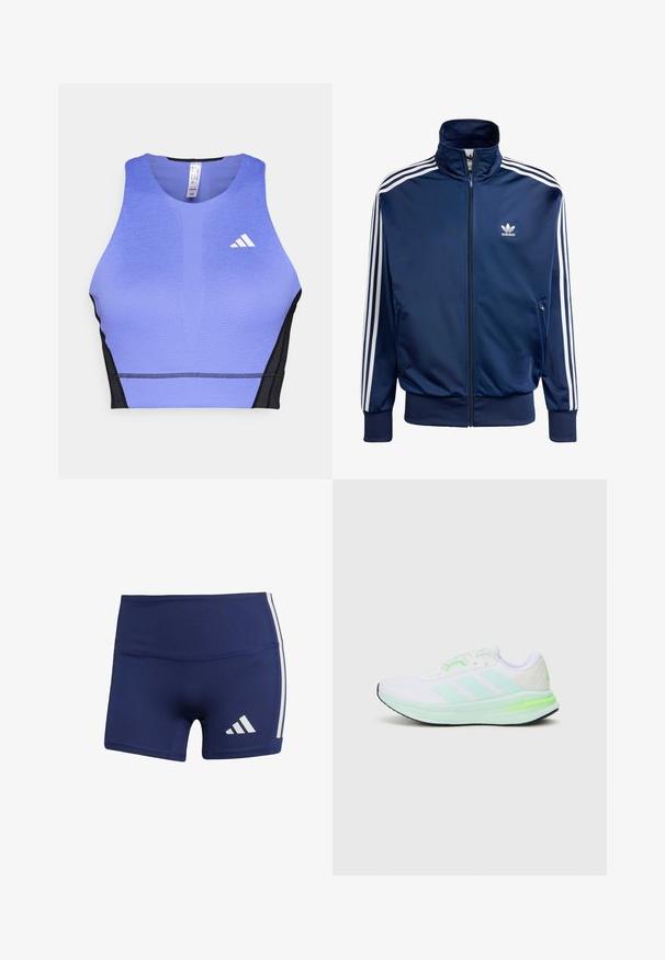 Marineblauwe Adidas trainingsjack van gladde stof, met een hoge kraag, volledige rits en drie witte strepen op elke mouw.; Paarse sport crop top met een gestructureerd oppervlak, zwarte zijpanelen en een wit logo op de linkerkant van de borst. Atletisch ontwerp met een ronde hals. ; Donkerblauwe sportshorts met een strakke pasvorm, gemaakt van gladde stof, met witte zijstrepen en een logo op de linkeronderzijde.; Witte sportieve schoen met mesh bovenkant, limoen groene accenten en zwarte zool. Dit model heeft een design met drie strepen aan de zijkant en een gewatteerde kraag.