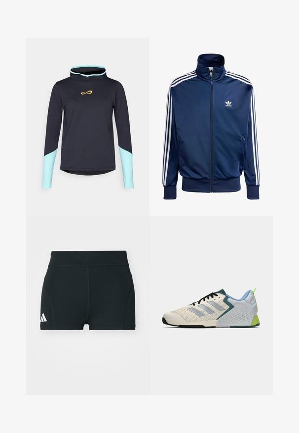 Casaco de treino Adidas azul-marinho feito de tecido suave, com gola alta, fecho de correr completo e três riscas brancas em cada manga.; Sweatshirt de manga longa com capuz em tecido azul marinho escuro, apresentando detalhes em azul claro nas mangas e um pequeno logo infinito laranja no peito.; Calções atléticos pretos feitos de um tecido elástico, com uma cintura alta, forma ajustada e logótipo branco da Adidas no lado esquerdo.; Sapatilhas leves para atletismo com um upper em malha creme, riscas cinzentas, um detalhe em verde e um contraforte em azul texturizado. Cordões pretos.