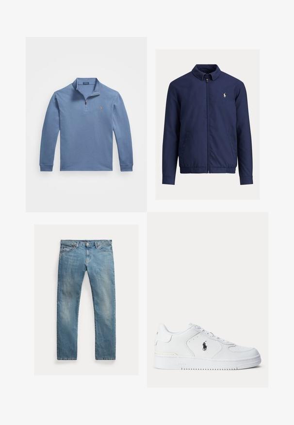 Tamsiai mėlyna striukė su apykakle, priekyje užtrauktuku ir elastinga apačia. Yra šoninės kišenės, lygi tekstūra ir mažas logotipas kairėje krūtinės pusėje.; Mėlynas džemperis su ilgomis rankovėmis, pagamintas iš medvilnės, su pusiau užtraukiama apykakle, raukinėmis rankogaliais ir mažo išsiuvinėtų logotipu ant krūtinės.; Šviesiai mėlynos džinsinės kelnės su tiesia kirpimu, mygtukų užsegimu, penkiais kišenėmis, švelnia nublukimu ir siūlų akcentais.; Balti sportiniai batai su tekstūruota odine viršutine dalimi, apvalia nosimi, plokščia raištelių sistema ir juodu logotipu šone. Guminis padas su sukibimo raštu.