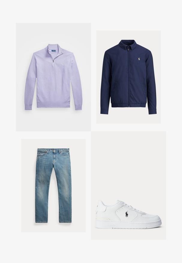 Granatowa kurtka z kołnierzem, suwakiem z przodu i elastycznym obszyciem na dole. Posiada boczne kieszenie, gładką teksturę oraz małe logo na lewej piersi.; Jasnofioletowy, dziany pulower z zamkiem błyskawicznym na ćwierć długości, z prążkowanymi mankietami i dołem; posiada małe logo na piersi.; Jasnoniebieskie dżinsy o prostym kroju, zapinane na guziki, z pięcioma kieszeniami, delikatnym wypłowieniem i przeszyciami.; Biały sportowy but z fakturowaną skórzaną cholewką, okrągłym noskiem, płaskimi sznurowadłami oraz czarnym logo po boku. Gumowa podeszwa z wzorem bieżnika.