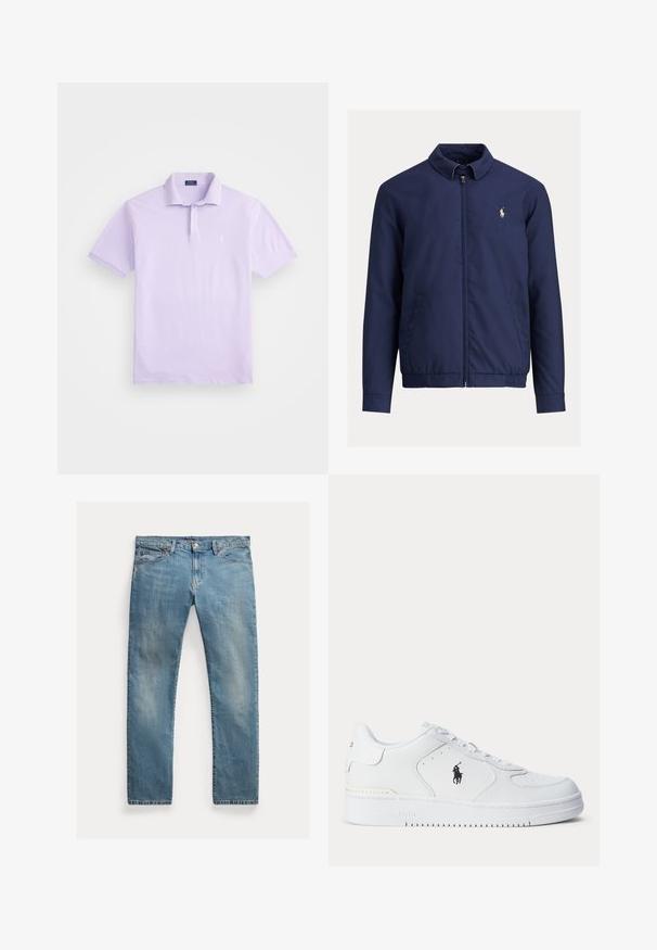 Tamsiai mėlyna striukė su apykakle, priekyje užtrauktuku ir elastinga apačia. Yra šoninės kišenės, lygi tekstūra ir mažas logotipas kairėje krūtinės pusėje.; Lavandų spalvos polo marškiniai, pagaminti iš minkštos medvilnės, su klasikine dviem mygtukais užsegama apykakle, trumpomis rankovėmis ir maža logo kairėje krūtinės pusėje.; Šviesiai mėlynos džinsinės kelnės su tiesia kirpimu, mygtukų užsegimu, penkiais kišenėmis, švelnia nublukimu ir siūlų akcentais.; Balti sportiniai batai su tekstūruota odine viršutine dalimi, apvalia nosimi, plokščia raištelių sistema ir juodu logotipu šone. Guminis padas su sukibimo raštu.