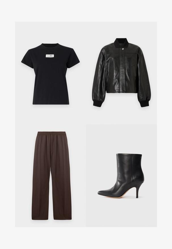 Jachetă bomber din piele neagră, cu guler striat, închidere cu fermoar și două buzunare frontale. Dispune de umeri căptușiți și manșete striate.; Tricou din bumbac negru cu guler rotund și mâneci scurte. Are o etichetă albă pe față cu numere imprimate și un logo circular.; Pantaloni largi maro, cu talie elastică și pliu frontal subtil, expuși plat pe un fundal alb.; Botină neagră din piele cu vârf ascuțit, toc subțire de tip stiletto și textură netedă. Design minimalist fără hardware sau accente vizibile.