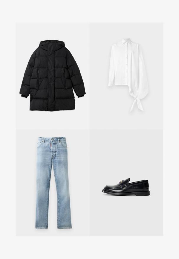 Svart puffjacka med huva, med dragkedjefickor, vadderad design och ribbade muddar. Vattentåligt material för värme och skydd.; Vit långärmad skjorta med knappar och en asymmetrisk oversized sammanknuten ärm vid handleden på höger sida.; Ljusblå denimjeans med rak benavslutning, femficksdesign och synlig sömnad. Har en knappstängning i midjan.; Svart läderloafers med en sömnadsdesign, en liten framflik och en platt gummisula. Slät textur med detaljer i guldfärg.