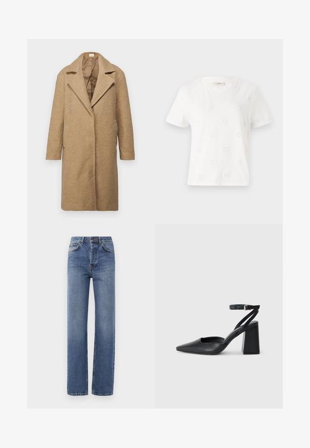 Rjav plašč iz volnenega mešanega materiala z teksturiranim finišem, z izrezanimi reverji, odprtim sprednjim delom in stranskimi žepi. Zasnovan je za ohlapen kroj z dolgimi rokavi.; Bela bombažna majica s kratkimi rokavi, okrašena z vezenimi cvetličnimi motivi. Okrogla izreza, sproščen kroj in gladka tekstura.; Svijetloplave traperice s visokim strukom, ravnim krojem i suptilnim izblijedjenjem. Imaju klasični stil s pet džepova i zatvarač na rajsferšlus.; Črne usnjene klasične čevlje z ostrim nosom, z zaponko za gleženj in debelim peto. Ravna tekstura, eleganten dizajn in minimalistična estetika.
