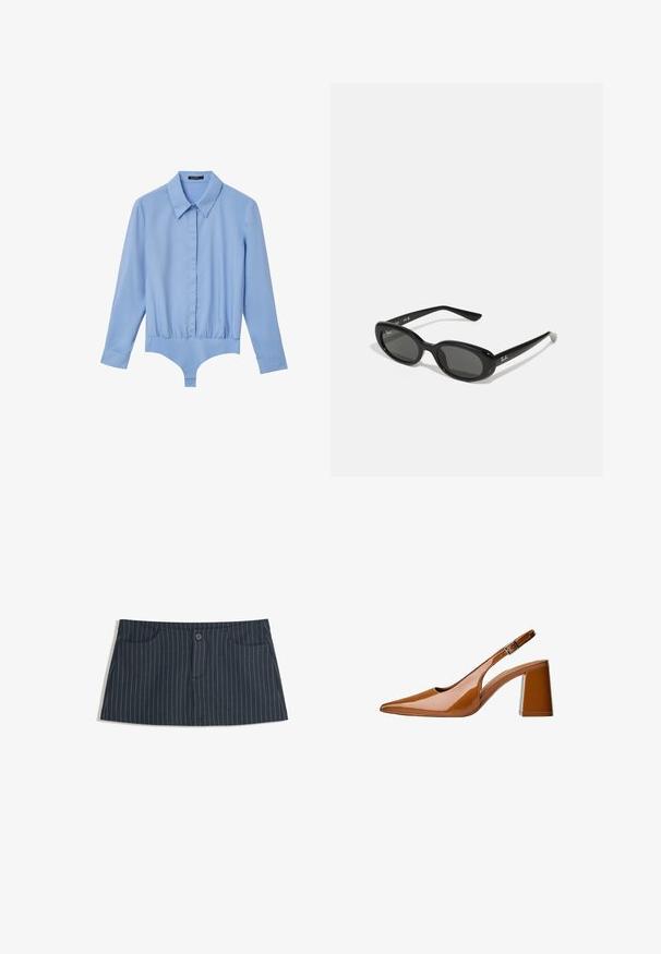 Giacca di jeans di colore blu scuro, con collo a punta, chiusura frontale con bottoni, due tasche sul petto e due tasche laterali. Presenta cuciture in contrasto.; Body azzurro chiaro con maniche lunghe, colletto a punta, texture liscia e vita elasticizzata per un look aderente.; Mini gonna blu navy a righe con tasche frontali e una chiusura con un singolo bottone in vita.; Scarpa slingback in pelle patinata marrone con punta affilata e tacco spesso. Presenta un lato tagliato e una fibbia metallica regolabile.; Occhiali da sole neri con lenti ovali, montatura in plastica lucida e stecche sottili. Presentano il logo Ray-Ban in bianco sul lato.; Borsa a spalla in suede marrone con manico curvo, texture morbida e chiusura con zip superiore. Nessuna cerniera o motivo visibile.