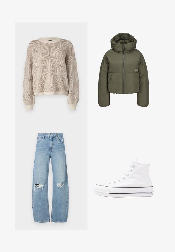 Giacca puffer verde oliva con collo alto, chiusura zip frontale e dettagli cuciti. Il tessuto ha una texture liscia e leggermente lucida.; Maglione girocollo con un motivo testurizzato di righe beige e crema. Vestibilità ampia con polsini e orlo a costine. Finitura in tessuto morbido.; Jeans azzurri chiari a vita alta realizzati in denim. Presentano gambe larghe, due aree strappate sulle ginocchia e il classico styling a cinque tasche.; Sneaker alta in tela bianca con suola in gomma nera, punta in gomma frontale e sei asole per i lacci, caratterizzata da un design pulito e minimalista.