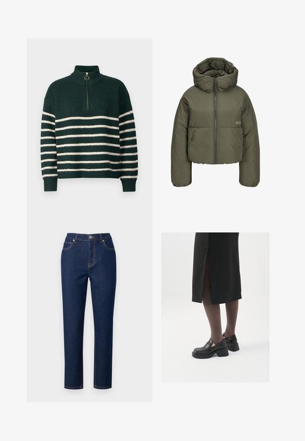 Olive green puffer jacket with a high collar, zip front, and stitched detailing. The fabric has a smooth, slightly glossy texture.; Knitted green sweater with a high collar, featuring horizontal white stripes, a quarter zip with a gold ring pull, and ribbed cuffs.; Dark blue denim jeans with a straight fit, featuring a zipper fly, button closure, and accent stitching on pockets and seams.; Black leather shoes with a rounded toe, thick block heel, and elastic side accents, paired with dark tights and a black skirt with a slit.