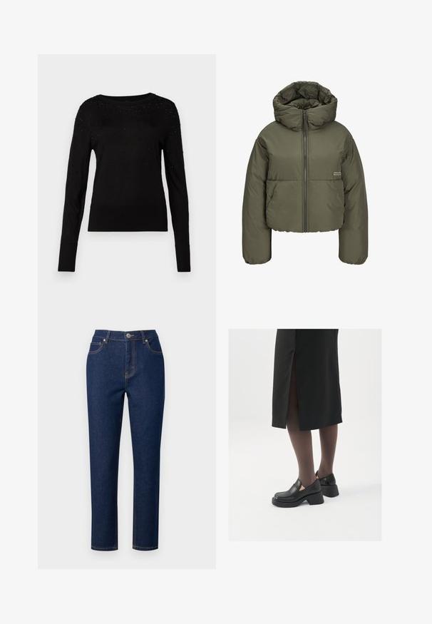 Olive green puffer jacket with a high collar, zip front, and stitched detailing. The fabric has a smooth, slightly glossy texture.; Black sweater with long sleeves, round neckline, and textured detailing. Features small embellishments on the shoulders and smooth knit fabric.; Dark blue denim jeans with a straight fit, featuring a zipper fly, button closure, and accent stitching on pockets and seams.; Black leather shoes with a rounded toe, thick block heel, and elastic side accents, paired with dark tights and a black skirt with a slit.
