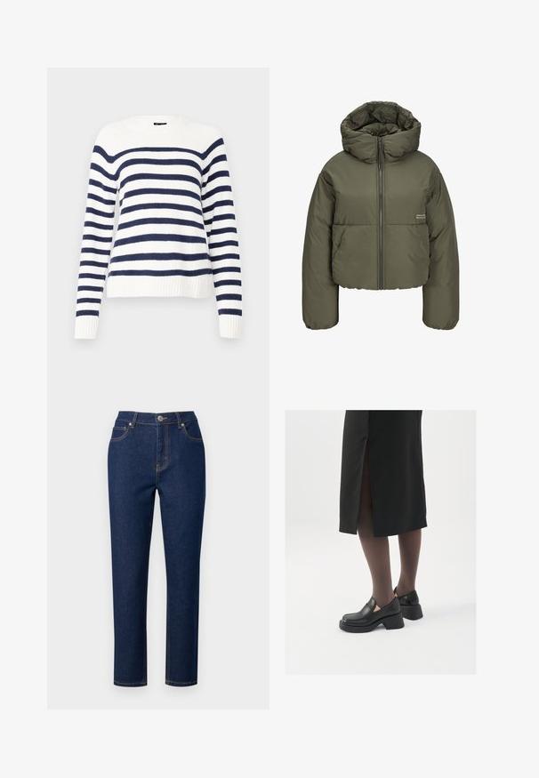 Doudoune vert olive avec un col haut, un zip sur le devant et des détails cousus. Le tissu a une texture lisse et légèrement brillante.; GAP CASHSOFT CREW - Pullover - white/navy; Jeans en denim bleu foncé avec une coupe droite, présentant une fermeture éclair, un bouton, et des surpiqûres accentuées sur les poches et les coutures.; Chaussures noires en cuir avec un bout arrondi, un épais talon bloc et des accents latéraux élastiques, associées à des bas foncés et une jupe noire avec une fente.