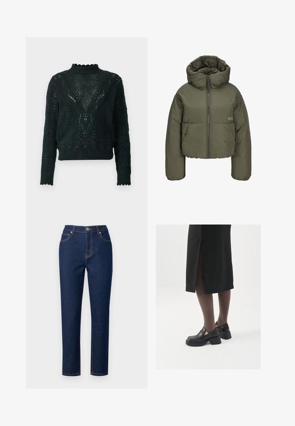 Olivgrüne Pufferjacke mit hohem Kragen, Reißverschluss vorne und gesteppten Details. Der Stoff hat eine glatte, leicht glänzende Textur.; JDY JDYLETTY STRUCTURE - Strickpullover - scarab; Dunkelblaue Jeans aus Denim mit geradem Schnitt, ausgestattet mit einem Reißverschluss, Knopfverschluss und Akzentnähten an Taschen und Nähten.; Schwarze Lederschuhe mit abgerundetem Zeh, dicker Blockabsatz und elastischen seitlichen Akzenten, kombiniert mit dunklen Strumpfhosen und einem schwarzen Rock mit Schlitz.
