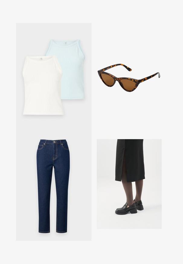 Casaco puffer verde-azeitona com colarinho alto, fecho de correr à frente e detalhes cosidos. O tecido tem uma textura lisa e ligeiramente brilhante.; Dois tops de malha com nervuras, um branco e outro azul claro. Os tops apresentam um decote redondo e alças largas, feitos de um tecido suave.; Jeans de denim azul-escuro com corte reto, apresentando um fecho com zíper, fecho de botão e costuras decorativas nos bolsos e costuras.; Sapatos de couro pretos com bico arredondado, salto bloco grosso e detalhes elásticos laterais, combinados com meias escuras e uma saia preta com uma abertura.; Óculos de sol estilo gato com uma armação em tartaruga preta e laranja, lentes castanhas e pontas elegantes e pontiagudas. Apresenta um logo minimalista na haste.