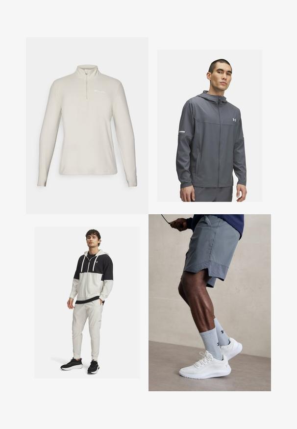 Chaqueta deportiva gris con cremallera en la parte delantera, capucha y dos bolsillos laterales. Presenta detalles reflectantes y un logotipo en el pecho. Textura suave.; Champion HALF ZIP TOP - Suéter de forro polar - beige; Chaqueta deportiva con capucha en blanco y negro con cierre de cremallera; combinada con pantalones joggers blancos con bolsillos y puños elásticos; zapatillas negras.; Zapatillas deportivas blancas con parte superior de malla texturizada, combinadas con calcetas de canalé azul claro que cuentan con un logo. Pantalones cortos deportivos grises con borde perforado.