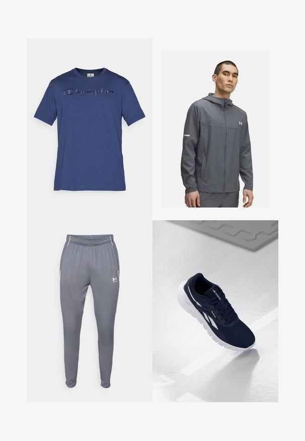 Gray athletic jacket with a zip front, hood, and two side pockets. Features reflective accents and a logo on the chest. Smooth texture.; Navy blue cotton t-shirt with short sleeves, featuring embroidered "Champion" logo in a lighter shade across the chest.; Gray athletic pants with elastic waistband, side pockets, and white accents. Made from a smooth, lightweight material.; Navy athletic shoe with a textured upper, white accents, and a cushioned sole. Features a lace-up design and logo on the tongue.