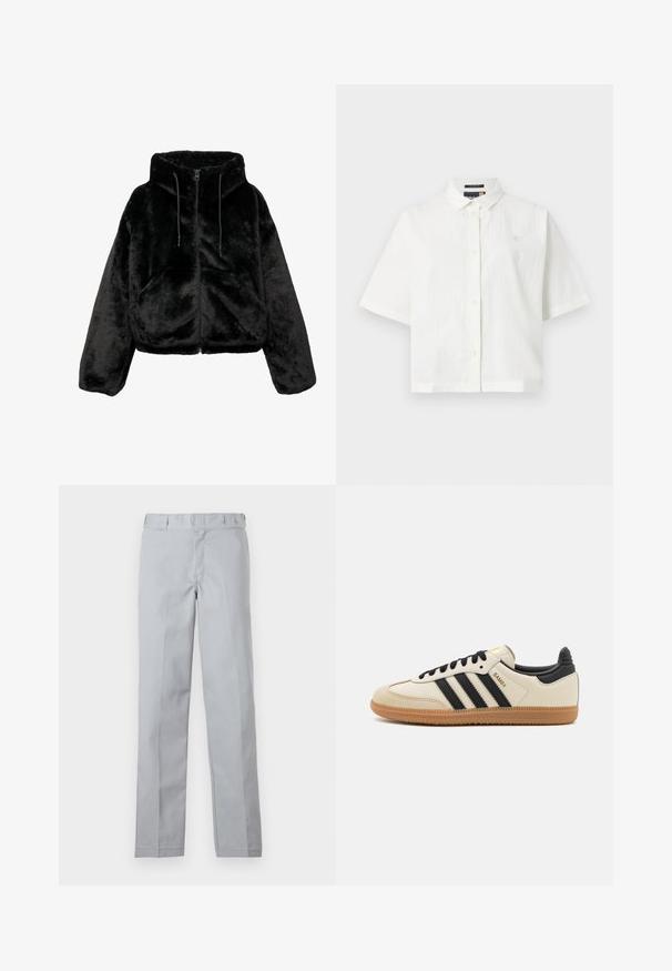 Jachetă scurtă neagră din blană artificială pufoasă, cu glugă, închidere cu fermoar și șnururi de strângere. Suprafața este moale, având o textură uniformă.; Cămașă albă cu mânecă scurtă, dintr-un material texturat, cu guler obișnuit și închidere cu nasturi. Logo mic pe piept. Design cu o croială lejeră.; Pantaloni gri deschis cu un design drept, fabricați dintr-un material neted. Prezintă un brâu și pliuri frontale pentru un aspect croit.; Pantofii sport bej cu dungi negre, talpă din cauciuc caramel și accente negre. Prezintă un partea superioară din piele netedă și un design cu vârf rotunjit.
