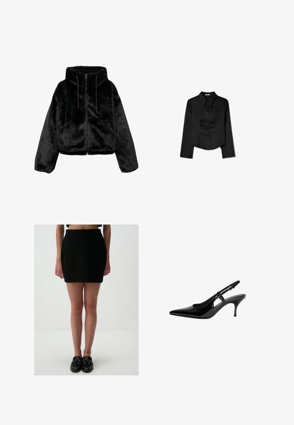 Veste noire courte en fausse fourrure pelucheuse, dotée d'une capuche, d'une fermeture éclair et de cordons de serrage. La surface est douce avec une texture uniforme.; Chemise noire à manches longues en tissu lisse, avec un col pointu, une fermeture à boutons à l'avant et un ourlet court avec des fentes latérales.; Jupe mini noire ajustée avec une texture lisse et une taille haute, accompagnée de mocassins noirs avec des accents de glands.; Escarpin en vernis noir avec bout pointu, découpes latérales ouvertes, talon fin et bride réglable à la cheville.