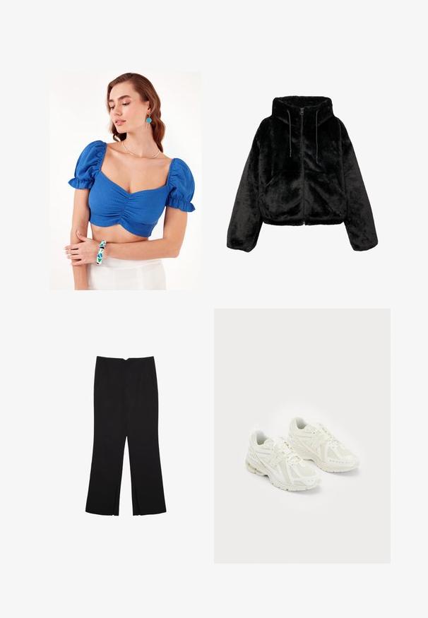 Čierna skrátená bunda z kože s umelým kožuchom, vybavená kapucňou, zipsom a sťahovacími šnúrkami. Povrch je mäkký s rovnomernou textúrou.; Modrá skrátená blúzka s puffy rukávmi a riaseným predným detailom. Model má na sebe geometricky vzorovanú náramok a jednoduchý náhrdelník. Pozadie je jednoduché biele.; Čierne nohavice so strihom rovného strihu, s prednými vreckami a bočnými rozparkami na leme. Vyrobené z mäkkej, hladkej tkaniny. Vhodné na rôzne príležitosti.; Biele športové topánky vyrobené z mäkkej sieťoviny a syntetických materiálov, dizajn na šnurovanie, polstrovaný golier a textúrová podrážka pre lepšiu trakciu. Ľahká konštrukcia.