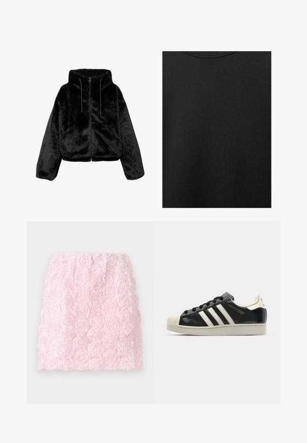 Fekete, plüss műszőrme anyagból készült cropped dzseki, kapucnival, cipzáras záródással és húzózsebekkel. A felülete puha és egyenletes textúrájú.; Fekete pamut anyag sima textúrával és kerek nyakkivágással, finom, egyenletes szemcsés mintázattal. Nincsenek látható logók vagy díszítések.; Rózsaszín mini szoknya texturált mintával, rétegelt szövetvirágokkal. A felülete puha és részletes, háromdimenziós virág hatást kelt.; Fekete bőrsneaker fehér csíkokkal, gumírozott orral, fekete fűzővel és krém színű talppal. Simaság és fényes felület jellemzi.