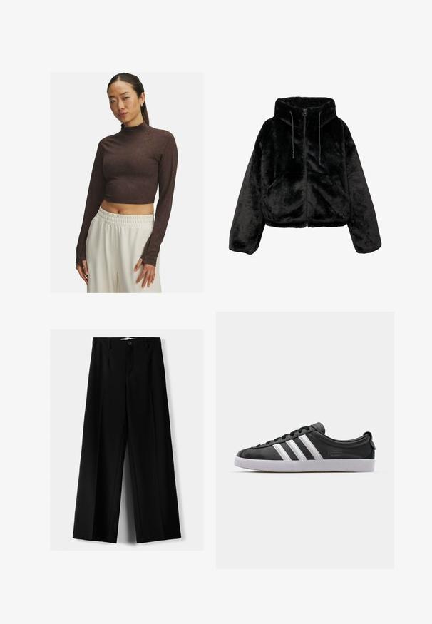 Zwarte cropped jasje van pluizig nepbont, met een capuchon, rits- en trekkoordsluiting. Het oppervlak is zacht met een uniforme textuur.; Bruine cropped lange mouwen top met een hoge hals, gemaakt van gladde stof, met een aansluitend ontwerp en subtiele stikdetails. Witte broek met een elastische taille.; Zwarte wijde broek van lichtgewicht stof, met een knoopsluiting aan de voorkant en een vlakke achterkant, afgewerkt met keurig gestikte zoom.; Zwarte lederen sneaker met een witte drie-strepen ontwerp, ronde neus, platte witte rubberen zool en merkdetail aan de zijkant.