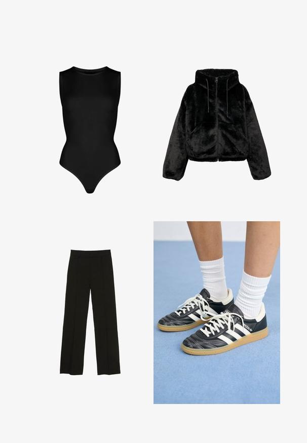 Musta lyhyt takki, joka on valmistettu pehmeästä tekoturkiksesta. Takissa on huppu, vetoketjusuljenta ja kiristysnyörit. Pintamateriaali on pehmeä ja tasainen.; Musta ilmanhiha bodysuit venyvää materiaalia, jossa on korkea kaula-aukko ja myötäilevä muotoilu thong-pohjalla. Ei kuvioita tai metalliosia.; Mustat leveälahkeiset housut, jotka on valmistettu sileästä kankaasta. Niissä on istuva vyötärö ja hienovaraiset etupleatit, jotka lisäävät tekstuuria.; Mustat nahkasneakerit valkoisilla raidoilla, pyöreä kärki, valkoiset nauhat ja kumipohja. Korostaa pehmustettua kaulusta ja brändäysohjeita.