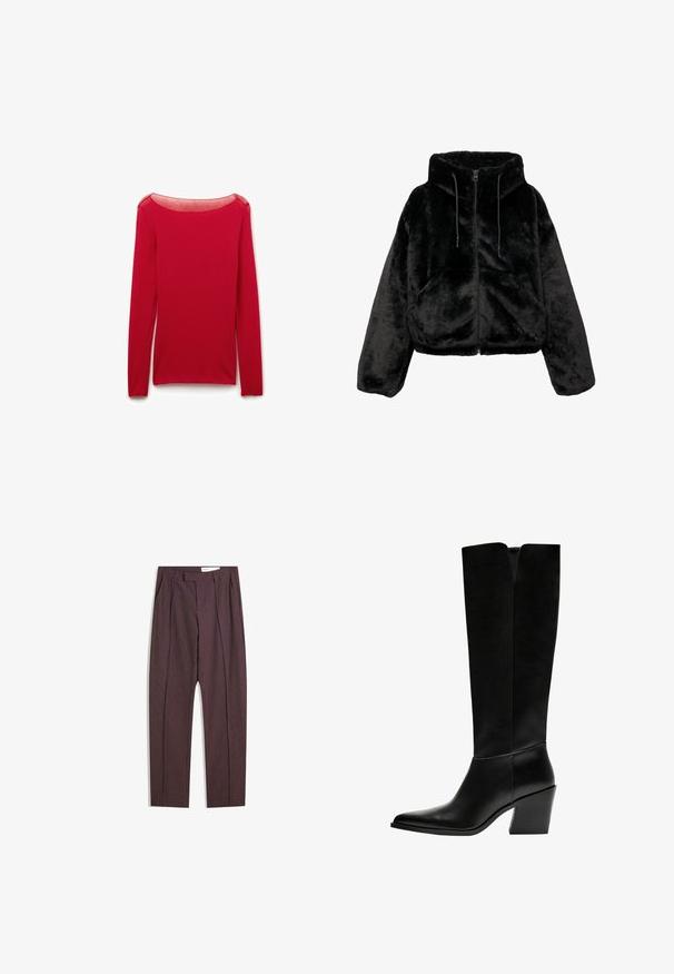 Zwarte cropped jasje van pluizig nepbont, met een capuchon, rits- en trekkoordsluiting. Het oppervlak is zacht met een uniforme textuur.; Rode shirt met lange mouwen van zachte, lichte stof met een brede, boothals en een aansluitende pasvorm, met minimale stikseldetails.; Paarse gestreepte broek met plooien, met een hoge taille en rechtlopende pasvorm. Gemaakt van een gladde, textuurstof.; Zwarte laarzen tot de knie van soepel leer, met een puntige neus, een blokhak en een V-vormige uitsparing aan de bovenkant.