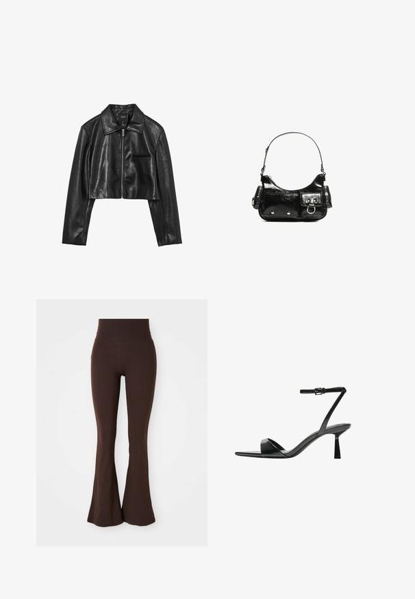 Calliope CHIODO - Faux leather jacket - nero; Brown sleeveless top with a square neckline, made from soft, stretchy fabric. Features a fitted design and flat seams.; Brown flared leggings made from soft, stretchy fabric, featuring a high waistband and a fitted silhouette that flares at the ankle.; Bershka High heeled sandals - black; Black patent leather handbag with a curved shape, one shoulder strap, front pockets, and silver-tone hardware accents.