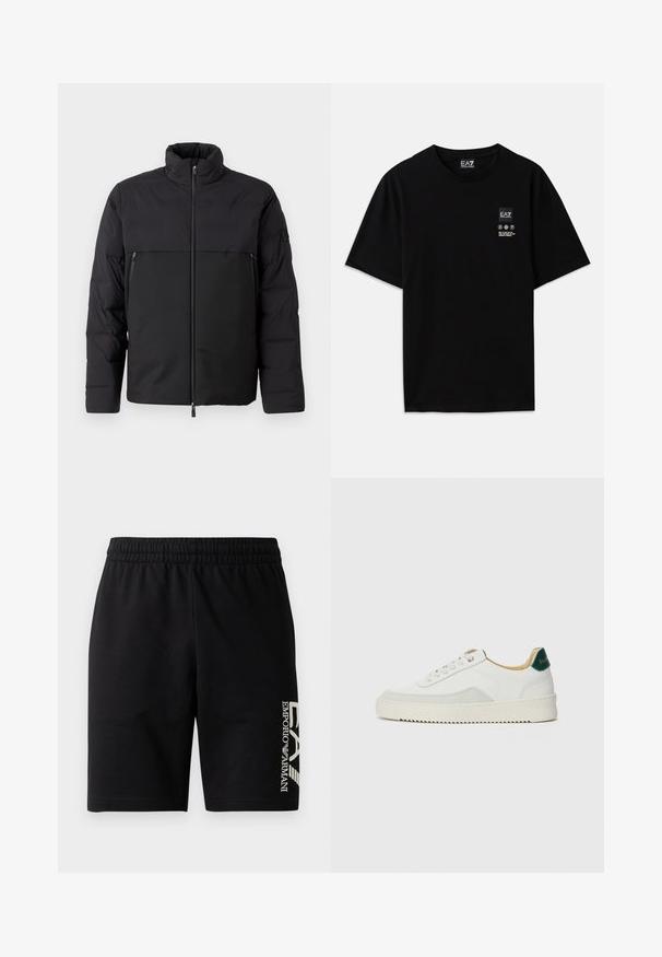 Jachetă puffer neagră cu guler înalt, fermoar frontal și buzunare laterale. Are o textură fină și panouri de țesătură contrastante.; Tricou negru din bumbac, cu mâneci scurte, guler rotund și un mic eticheta cu logo pe față, având simboluri de îngrijire în alb.; EA7 Emporio Armani TRAIN VISIBILITY  - Pantaloni scurți - black/cream; Sneaker alb cu accente din suede, vârf rotund, șireturi plate și o talpă din cauciuc crem. Are un logo verde pe călcâie.