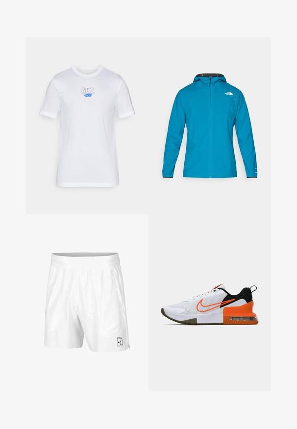 Waterproof jacket in bright blue, featuring a black-lined hood, full zip, and elastic cuffs. Logo displayed on the upper left front.; Nike Performance TEE - Sports T-shirt - white; White athletic shorts made of lightweight fabric with an elastic waistband, featuring two side pockets and a small black logo on the hem.; White athletic shoe with a textured mesh upper, black and orange accents, a thick rubber sole, and a clear air cushion section at the heel.