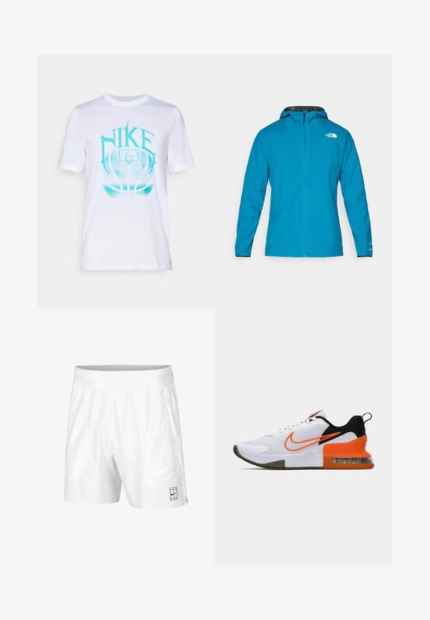 Αδιάβροχο μπουφάν σε φωτεινό μπλε χρώμα, με κουκούλα επενδυμένη με μαύρο, πλήρη φερμουάρ και ελαστικούς καρπούς. Το λογότυπο εμφανίζεται στο επάνω αριστερό μέρος του μπροστινού μέρους.; Λευκό κοντομάνικο T-shirt από μαλακό ύφασμα, με τυπωμένο στο μπροστινό μέρος το λογότυπο της Nike σε τουρκουάζ χρώμα και γραφικό μπάσκετ.; Λευκοί αθλητικοί σορτς από ελαφρύ ύφασμα με ελαστική μέση, διαθέτοντας δύο πλαϊνές τσέπες και ένα μικρό μαύρο λογότυπο στο στρίφωμα.; Λευκό αθλητικό παπούτσι με υφασμάτινο επάνω μέρος με υφή, μαύρες και πορτοκαλί λεπτομέρειες, παχιά καουτσούκ σόλα και διαφανή τμήμα αεροθάλαμου στη φτέρνα.