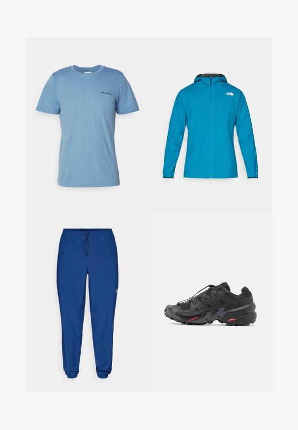 Vandeniui atspari striukė ryškiai mėlyna, su juodu pamušalu gobtuvu, pilnu užtrauktuku ir elastiniais rankogaliais. Logotipas rodomas viršutinėje kairėje pusėje.; Columbia RAPID RIDGE™ BACK GRAPHIC TEE - Marškinėliai su spaudiniu - skyler; Mėlyni lengvi džinsiniai kelnės su elastinga juosmens juosta, virvele ir elastingais rankogaliais. Turi šonines kišenes ir logotipą šalia apatinės kojos.; Juodas bėgimo batelis su sintetiniu viršumi, tekstūruotu dizainu ir kontrastingais raudonais akcentais. Turintis saugų raištelių sistemą ir tvirtą pado konstrukciją.