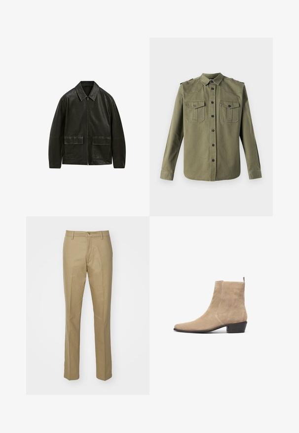 Zwarte leren jas met een ritssluiting, puntkraag en twee voorsloten. Bevat contrasterende stiksels en een gladde textuur.; The Kooples CHEMISE - Overhemd - olive night; Lichtgrijs oversized T-shirt met een ronde hals en raw edges. Heeft een versleten uitstraling op de schouders en korte mouwen.; Khaki broeken gemaakt van een katoenmix, met een rechte pasvorm, zichtbare frontzakken, een ritssluiting en een klassieke tailleband met een enkele knoop.; Beige suede enkellaars met een spitse neus, minimalistisch ontwerp en een lage gestapelde hak. Voorzien van een lus aan de achterkant voor gemakkelijk aan- en uittrekken.