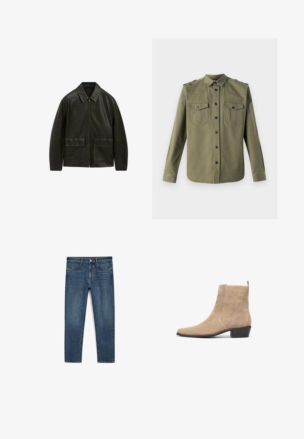 Zwarte leren jas met een ritssluiting, puntkraag en twee voorsloten. Bevat contrasterende stiksels en een gladde textuur.; The Kooples CHEMISE - Overhemd - olive night; Blauwe spijkerbroek met een recht model, voorzien van frontzakken en een rits. De stof heeft een gemiddelde wassing met subtiele vervaging.; Beige suede enkellaars met een spitse neus, minimalistisch ontwerp en een lage gestapelde hak. Voorzien van een lus aan de achterkant voor gemakkelijk aan- en uittrekken.