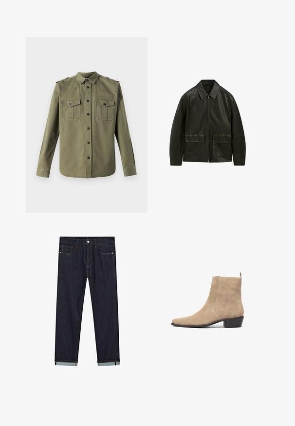 Czarna skórzana kurtka z zamkiem błyskawicznym, kołnierzykiem w szpic i dwoma przednimi kieszeniami. Posiada kontrastowe szwy i gładką teksturę.; The Kooples - Koszula; Jasnoszara, oversize t-shirt z okrągłym dekoltem i surowymi krawędziami. Posiada postrzępione detale na ramionach i krótkich rękawach.; Granatowe dżinsy o prostym kroju, z pięcioma kieszeniami, z zamknięciem na guzik oraz podwiniętymi mankietami prezentującymi kontrastujący jaśniejszy materiał.; Beżowe zamszowe botki za kostkę z ostrym noskiem, minimalistyczny design i niskim, składającym się obcasem. Posiadają pętelkę z tyłu ułatwiającą zakładanie.