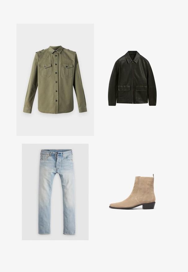 Czarna skórzana kurtka z zamkiem błyskawicznym, kołnierzykiem w szpic i dwoma przednimi kieszeniami. Posiada kontrastowe szwy i gładką teksturę.; The Kooples - Koszula; Jasnoszara, oversize t-shirt z okrągłym dekoltem i surowymi krawędziami. Posiada postrzępione detale na ramionach i krótkich rękawach.; Jasnoniebieskie dżinsy, proste, z wyblakłym wykończeniem. Posiadają pięć kieszeni, zapięcie na guzik i pomarańczowe przeszycia.; Beżowe zamszowe botki za kostkę z ostrym noskiem, minimalistyczny design i niskim, składającym się obcasem. Posiadają pętelkę z tyłu ułatwiającą zakładanie.