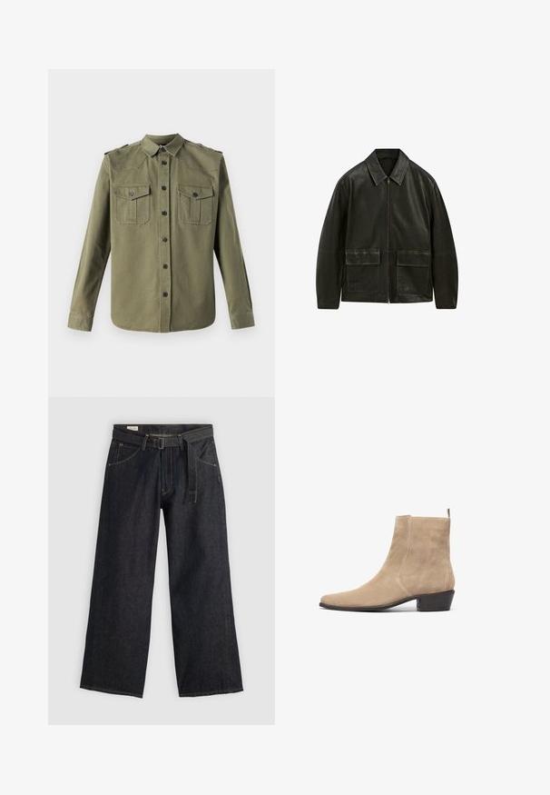Zwarte leren jas met een ritssluiting, puntkraag en twee voorsloten. Bevat contrasterende stiksels en een gladde textuur.; The Kooples CHEMISE - Overhemd - olive night; Lichtgrijs oversized T-shirt met een ronde hals en raw edges. Heeft een versleten uitstraling op de schouders en korte mouwen.; Donker denim wijde broek met een gestrikt taille, voorzien van zijzakken en contrasterende stiksels. Gladde textuur met een strak ontwerp.; Beige suede enkellaars met een spitse neus, minimalistisch ontwerp en een lage gestapelde hak. Voorzien van een lus aan de achterkant voor gemakkelijk aan- en uittrekken.