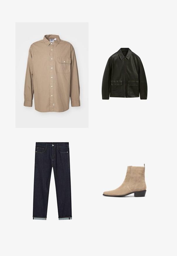 Giacca di pelle nera con chiusura a zip, colletto a punta e due tasche frontali. Presenta cuciture a contrasto e una texture liscia.; Canotta, maniche lunghe, tessuto di cotone marrone chiaro, chiusura con bottoni, taschino singolo con pattina, colletto classico, orlo dritto.; T-shirt oversize grigio chiaro con collo tondo e bordi grezzi. Presenta dettagli strappati sulle spalle e maniche corte.; Jeans in denim blu scuro con vestibilità dritta, caratterizzati da cinque tasche, chiusura con bottone e risvolti che mostrano un tessuto più chiaro a contrasto.; Stivale alla caviglia in suede beige con punta affilata, design minimalista e tacco basso impilato. Presenta un passante sul retro per un indossamento facile.