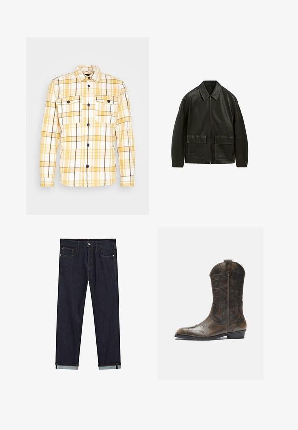 Zwarte leren jas met een ritssluiting, puntkraag en twee voorsloten. Bevat contrasterende stiksels en een gladde textuur.; Geel en witte geruite flanellen shirt met zwarte accenten, voorzien van een kraag, lange mouwen en twee borstzakken. Zwarte knopen zichtbaar.; Lichtgrijs oversized T-shirt met een ronde hals en raw edges. Heeft een versleten uitstraling op de schouders en korte mouwen.; Donkerblauwe denim jeans met een rechte pasvorm, voorzien van vijf zakken, een knoopsluiting en opgerolde manchetten die een contrasterende lichtere stof tonen.; Bruine leren cowboylaars met een hoge schacht, spitse neus, ingewikkelde stikpatronen en een kleine hak. Gevarieerde afwerking overal.