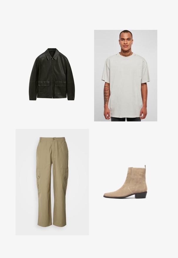 Zwarte leren jas met een ritssluiting, puntkraag en twee voorsloten. Bevat contrasterende stiksels en een gladde textuur.; Lichtgrijs oversized T-shirt met een ronde hals en raw edges. Heeft een versleten uitstraling op de schouders en korte mouwen.; The Kooples CHEMISE - Overhemd - olive night; Beige cargobroek van lichtgewicht stof, met twee zijzakken, een knoopsluiting en een recht model.; Beige suede enkellaars met een spitse neus, minimalistisch ontwerp en een lage gestapelde hak. Voorzien van een lus aan de achterkant voor gemakkelijk aan- en uittrekken.