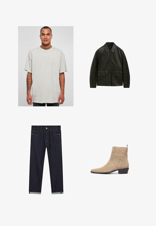 Sort læderjakke med lynlås, spids krave og to forlommer. Har kontrasterende syninger og en glat overflade.; Lys grå oversized t-shirt med rund hals og rå kanter. Har slidte detaljer på skuldrene og korte ærmer.; The Kooples CHEMISE - Skjorter - olive night; Mørkeblå denim jeans med lige pasform, der har fem lommer, knaplukning og oprevne cuffs, som viser kontrasterende lysere stof.; Beige ruskinds ankelstøvle med spids tå, minimalistisk design og lav stablet hæl. Har en træksløjfe bagpå for nem påføring.