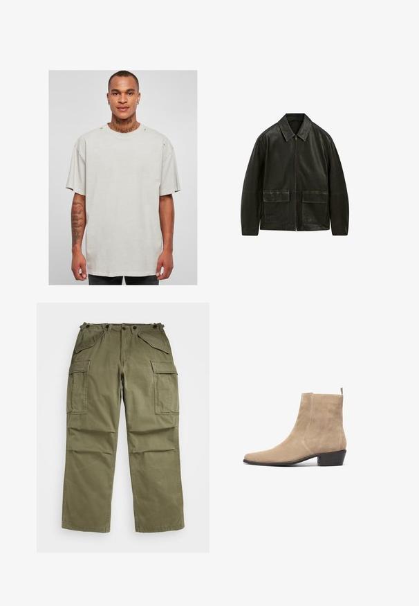 Zwarte leren jas met een ritssluiting, puntkraag en twee voorsloten. Bevat contrasterende stiksels en een gladde textuur.; Lichtgrijs oversized T-shirt met een ronde hals en raw edges. Heeft een versleten uitstraling op de schouders en korte mouwen.; The Kooples CHEMISE - Overhemd - olive night; Olijfgroene cargobroek van gestructureerde stof, met meerdere voor- en zijzakken en versterkte stiksels op de naden.; Beige suede enkellaars met een spitse neus, minimalistisch ontwerp en een lage gestapelde hak. Voorzien van een lus aan de achterkant voor gemakkelijk aan- en uittrekken.