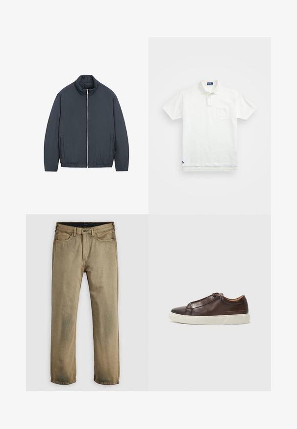 Padded jacket in dark navy fabric, featuring a high collar, front zipper, and two side pockets. Elastic hem with a smooth texture.; White polo shirt made of cotton, featuring a classic collar, three-button placket, and a left chest pocket; small logo at the hem.; Khaki-colored straight-leg jeans with five pockets, button closure, and belt loops, laid flat on a white background.; Brown leather sneaker with a rounded toe, contrasting white rubber sole, stitched accents, and no visible laces. Smooth texture overall.