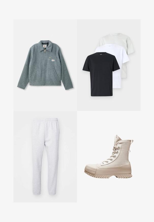 Gray wool-blend jacket with a zippered front, pointed collar, two side pockets, and a small chest pocket featuring a branded label.; Three short-sleeve T-shirts in black, white, and light gray, made of cotton with a crew neck and a relaxed fit. Smooth, solid colors.; Light gray sweatpants made of soft cotton blend, featuring an elastic waistband and fitted cuffs at the ankles. No visible patterns or logos.; White high-top boots featuring a canvas upper, rubber toe cap, textured sole, and metal eyelets with laces. Side loops for easy wear.