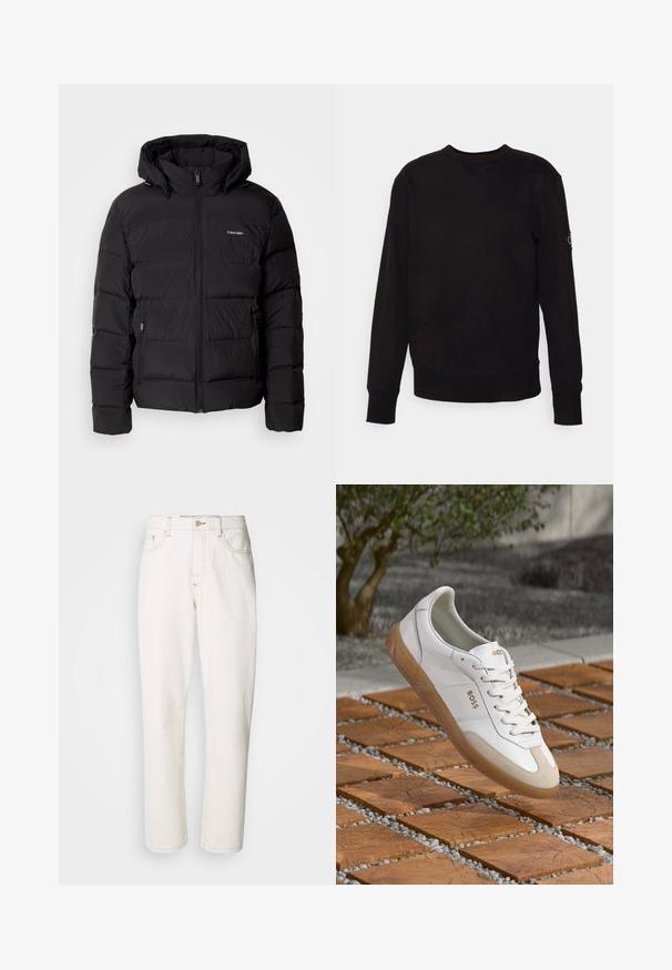 Černá péřová bunda s předním zipem a nastavitelnou kapucí. Obsahuje prošívané panely, dvě boční kapsy a malé logo na hrudi.; Černá mikina s kulatým výstřihem vyrobená z bavlny. Má žebrované manžety a lem, s malou nášivkou loga na levém rukávu. Hladký, rovný povrch.; Bílé denimové džíny s rovnými nohavicemi, se švy, kovovým zapínáním a standardním pětipocketovým provedením.; Bílé kožené tenisky s béžovými semišovými detaily, s kulatou špičkou, šněrovacím předním dílem a hnědou gumovou podrážkou, zobrazující jméno značky "BOSS."