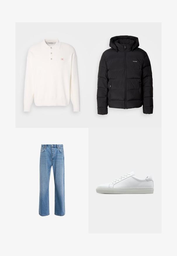 Fekete pufferszövet kabát, elülső cipzárral és állítható kapucnival. Ékített panelek, két oldalsó zseb és kis logó található a mellkason.; Fehér, hosszú ujjú polo pulóver, puha anyagból készült, klasszikus gallérral, három gombbal és egy kis logóval a mellkason.; Világoskék farmernadrág, egyenes szárú fazonnal, öt zsebbel, gombos záródással, minimális kopással és kontrasztos varrással.; Fehér sportcipő sima bőr felső résszel és alacsony profilsal. Kerek orr, hat fűzőlyuk és barázdált gumitalp jellemzi.