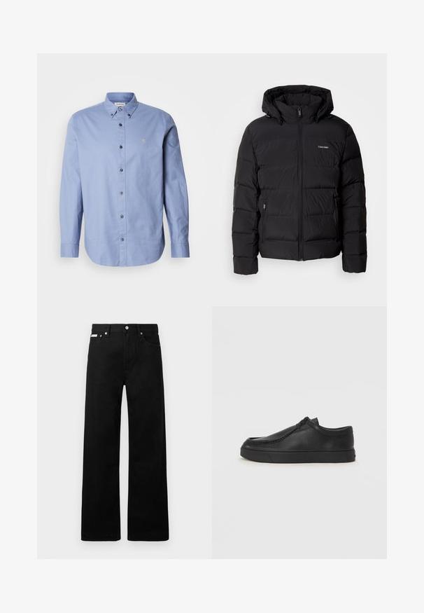 Casaco insuflável preto com fecho frontal e capuz ajustável. Apresenta painéis acolchoados, dois bolsos laterais e um pequeno logótipo no peito.; Camisa azul claro de botões com mangas longas, feita de um tecido suave. Possui um colarinho clássico, botões pretos e um pequeno logotipo no peito.; Calças de ganga pretas com um design de pernas largas, apresentando cinco bolsos e fechos metálicos. Textura suave, sem padrões visíveis.; Sapata slip-on de couro preto com biqueira arredondada, detalhes cosidos e sola de borracha preta. Textura suave com design minimalista.