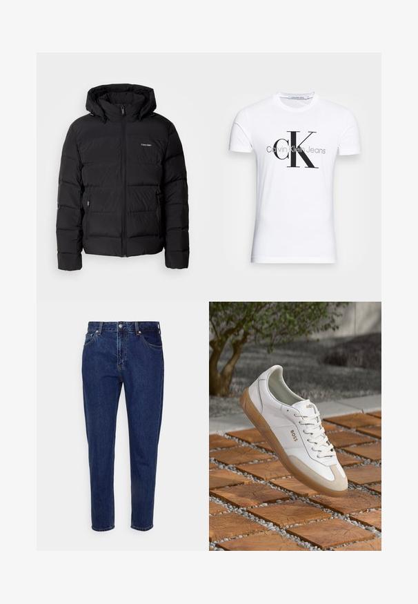 Svart puffjacka med dragkedja fram och justerbar huva. Har quiltade paneler, två sidfickor och en liten logotyp på bröstet.; Vit bomulls t-shirt med en svart "CK"-logotyp och texten "Calvin Klein Jeans", korta ärmar och en klassisk rund halsringning.; Mörkblå denimjeans med rak bendesign, fem fickor och knäppning med knapp. Har subtila blekningar och sömdetaljer.; Vita lädersneakers med beigefärgade mockadetaljer, har rund tå, snörning på framsidan och en tan gummisula, med varumärket "BOSS".