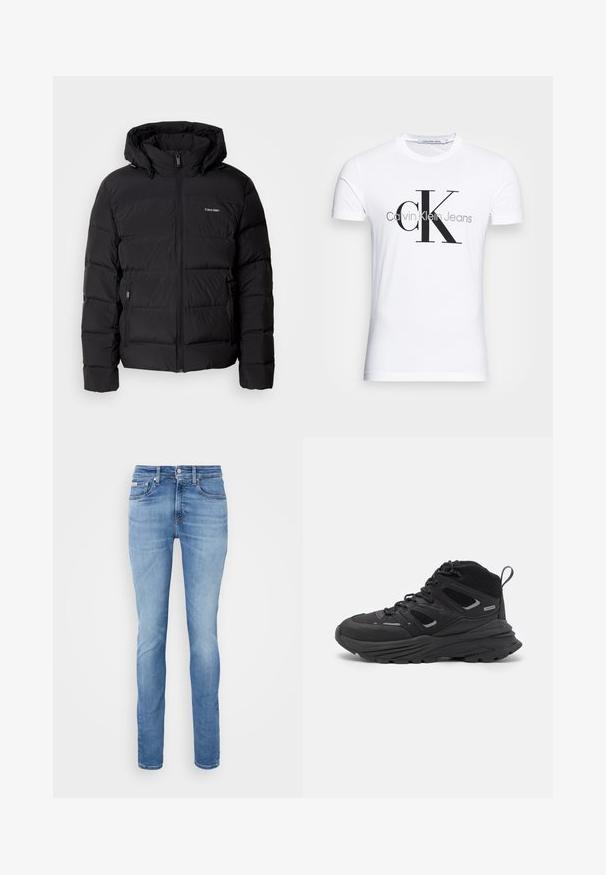 Melnā pūkainā jaka ar rāvējslēdzēju priekšā un regulējamu kapuci. Ievērojamas quiltētas paneļi, divas sānu kabatas un mazs logotips uz krūtīm.; Baltas kokvilnas T-krekls ar melnu "CK" logo un tekstu "Calvin Klein Jeans", īsām piedurknēm un klasisku apaļu kakla izgriezumu.; Gai zilu džinsi, kas izgatavoti no denima, ar šauru piegriezumu, piecu kabatu stilu un standarta vidukli, ar priekšējo pogu un rāvējslēdzēja aizdari.; Melnas pārgājienu kurpes ar slāņotu dizainu, teksturētu audumu un gumijas zoli, ar nostiprinātām vietām un auklām priekšā.