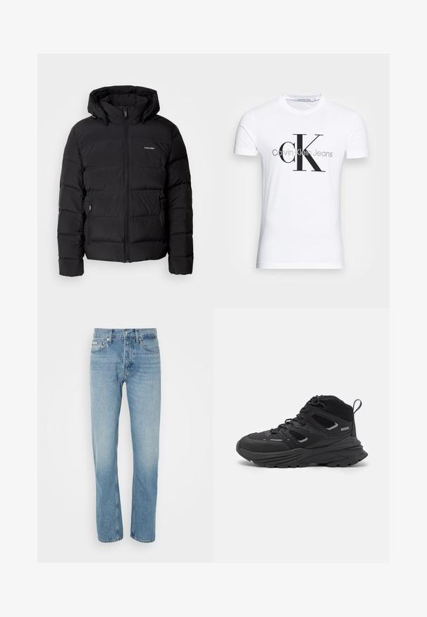 Chaqueta de plumón negra con cremallera frontal y capucha ajustable. Presenta paneles acolchados, dos bolsillos laterales y un pequeño logo en el pecho.; Camiseta de algodón blanca con un logo negro "CK" y el texto "Calvin Klein Jeans", manga corta y un clásico escote redondo.; Vaqueros de mezclilla azul claro con un diseño de pierna recta, cinco bolsillos y un cierre de botón y cremallera. Presenta un desvanecimiento sutil y detalles de costura.; Botas de senderismo negras con un diseño estratificado, tejido texturizado y suela de goma, con áreas reforzadas y cordones en la parte delantera.
