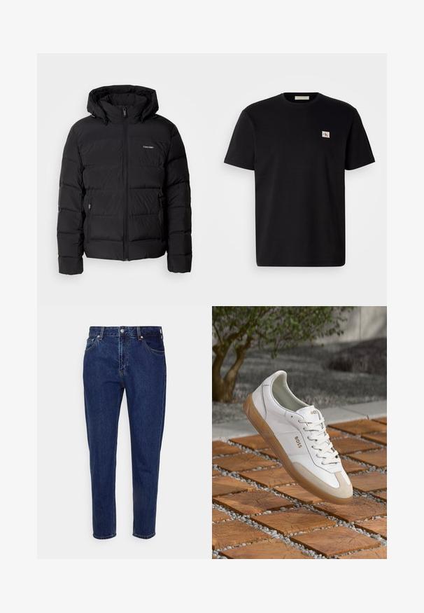Svart puffjacka med dragkedja fram och justerbar huva. Har quiltade paneler, två sidfickor och en liten logotyp på bröstet.; Svart bomull t-shirt med korta ärmar, rund halsringning och en liten broderad logga på vänster bröst. Slät textur, normal passform.; Mörkblå denimjeans med rak bendesign, fem fickor och knäppning med knapp. Har subtila blekningar och sömdetaljer.; Vita lädersneakers med beigefärgade mockadetaljer, har rund tå, snörning på framsidan och en tan gummisula, med varumärket "BOSS".