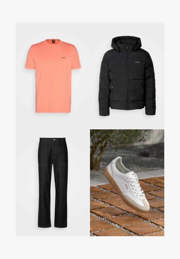 Fekete pufferszövet kabát, elülső cipzárral és állítható kapucnival. Ékített panelek, két oldalsó zseb és kis logó található a mellkason.; Rövid ujjú póló élénk korallszínben, puha pamutból készült. Kerek nyakkivágással és egy kis fekete "BOSS" logóval rendelkezik a mellkasán.; Fekete farmernadrág, egyenes lábakkal, látható varrással és elülső gombzárral. Két oldalsó zsebbel és két hátsó zsebbel rendelkezik.; Fehér bőr sneaker, bézs velúr részletekkel, kerek orral, fűzős elemmel és barna gumitalppal, a "BOSS" márkanevével.