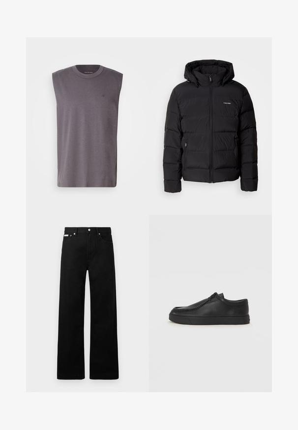 Juodas pūkinis švarkas su užtrauktuku priekyje ir reguliuojama kapisonu. Turi siuvinėtus panelius, dvi šonines kišenes ir mažą logotipą krūtinėje.; Bezdantė pilka marškinėlių su apvalia iškirpte, pagaminti iš minkštos medvilnės mišinio, su subtiliu logotipu ant krūtinės. Lygi tekstūra, laisvas kirpimas.; Juodos džinsinės kelnės su plačiu kojų dizainu, turinčios penkias kišenes ir metalinius sagčių akcentus. Lygus paviršius, be matomų raštų.; Juodos odinės supjamintus batelius su apvaliu pirštu, siuvinėtu akcentu ir juodu guminiu padu. Lygus tekstūra su minimalistišku dizainu.